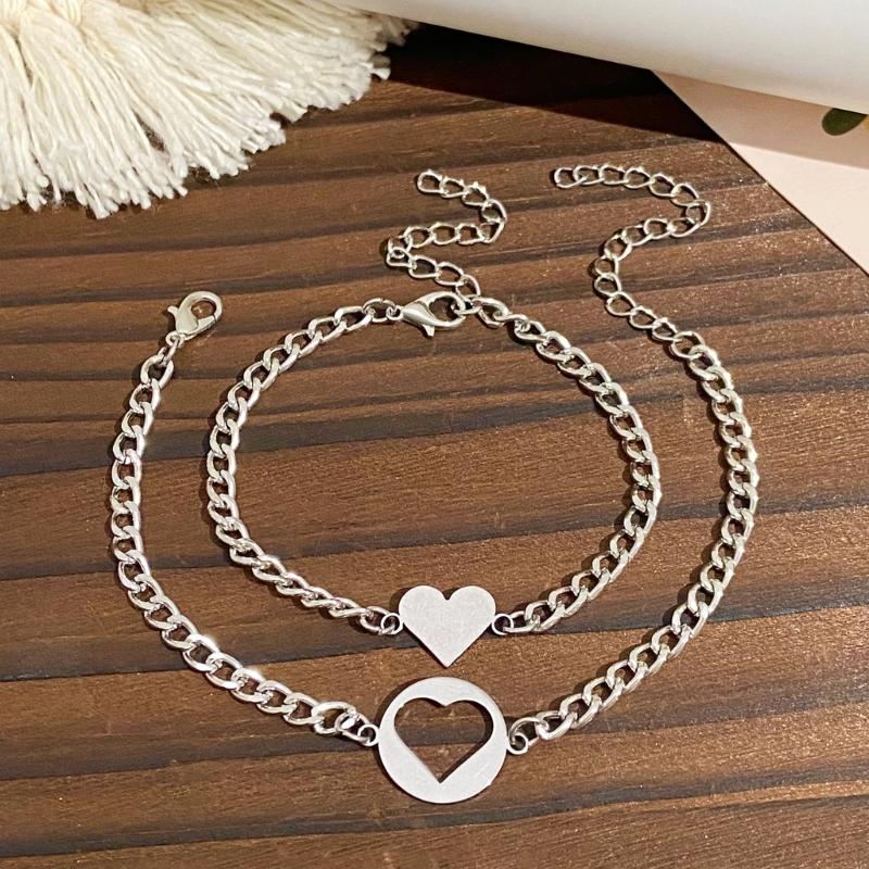 2Pcs/set Stainless Steel Simple Hollow Love Sun Moon Chain Bracelets Temperament Ins Chain Ladies Couple Card Bracelet