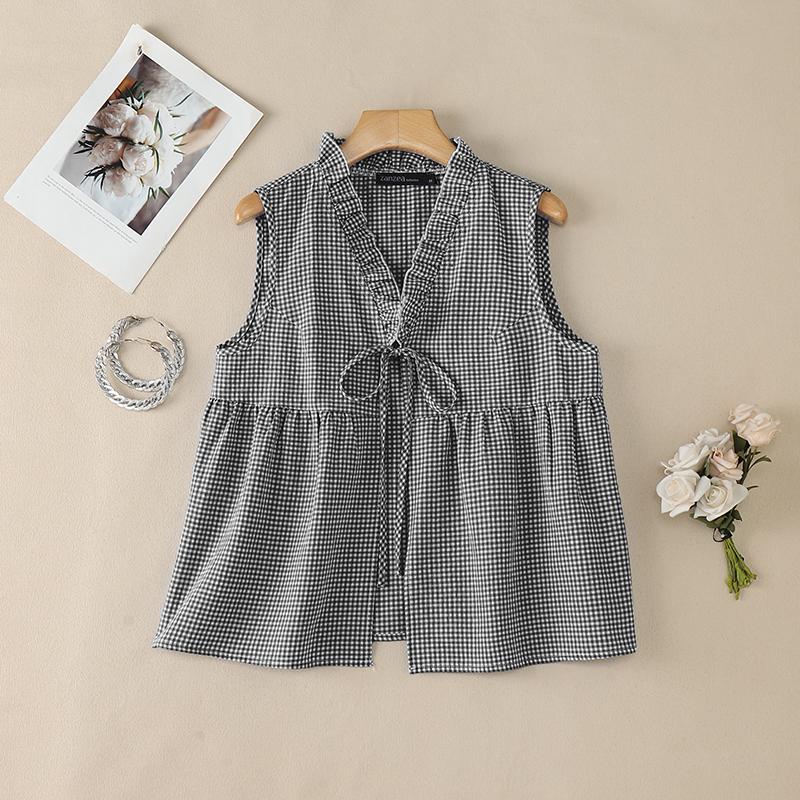 ZANZEA Women Plaid Print Casual V-Neck Sleeveless Blouse S чёрный