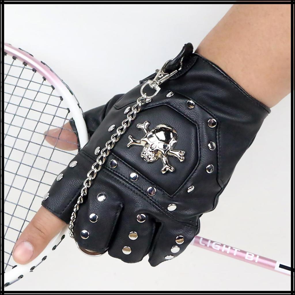 Fingerless Skull Punk NT234 [White Fang] Half-Finger Gloves, Design, Rock, Men's & Women's (Black)