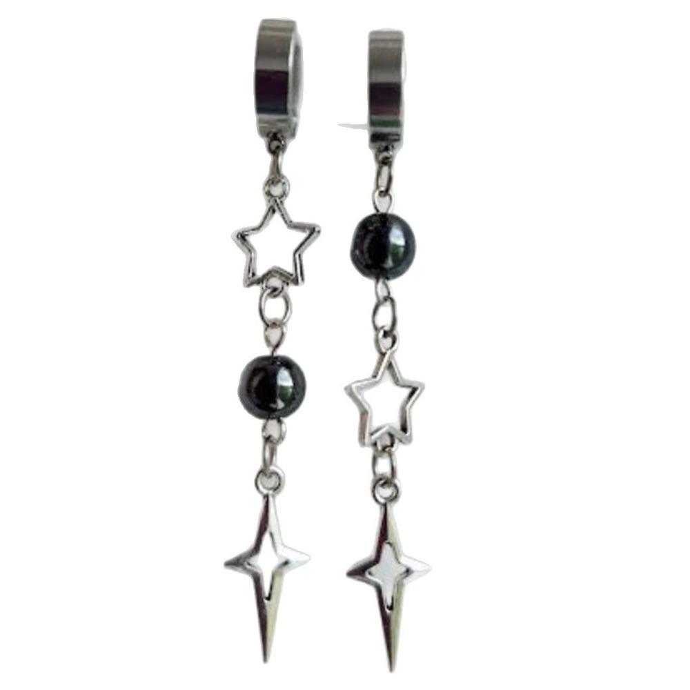 Gothic Punk Silver Color Asymmetrical Black Round Bead Hollowed-out Star Dangle Earrings for Girl Halloween Hip-hop Rock Jewelry