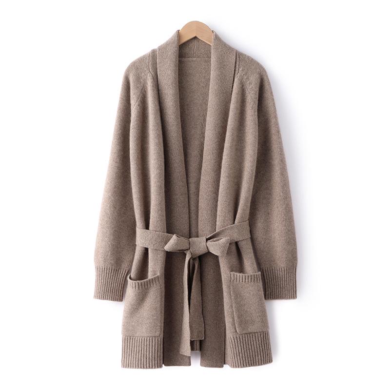 Autumn-Winter Cashmere Knit Women's Long Sleeve Loose Cardigan with Belt