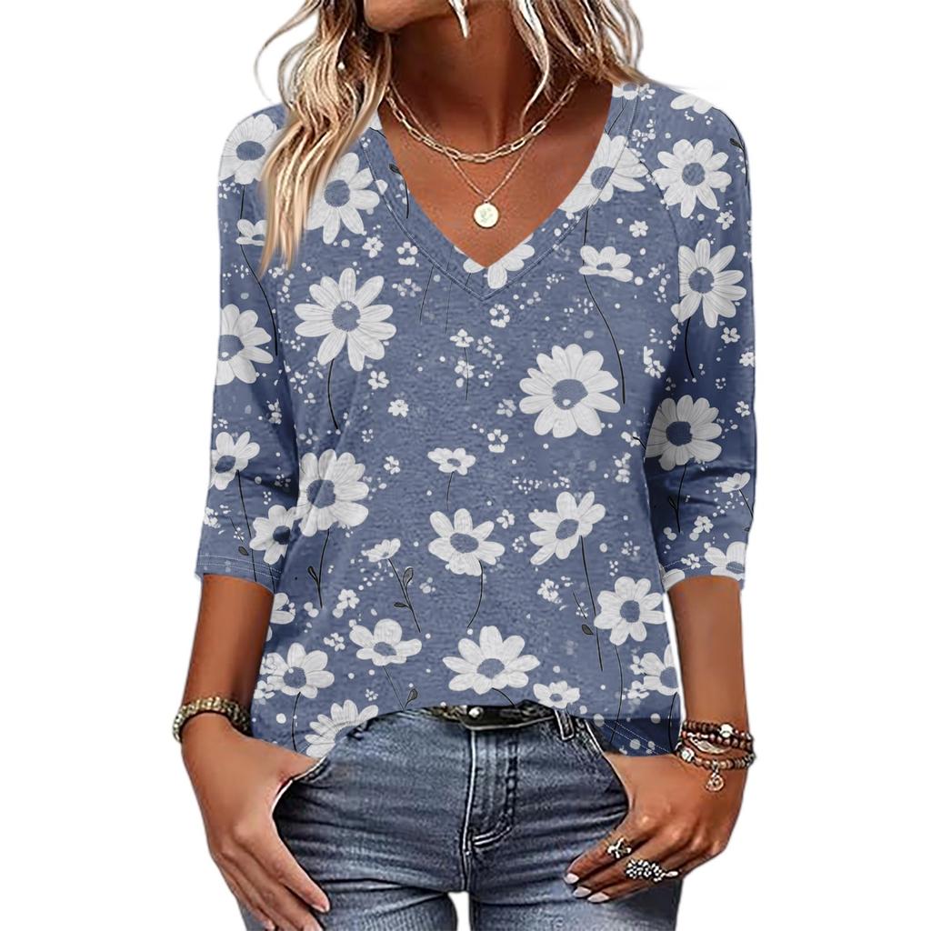 Women's Fashion Casual Three-quarter Sleeve Raglan Sleeve Vintage Floral Print V-Neck Top