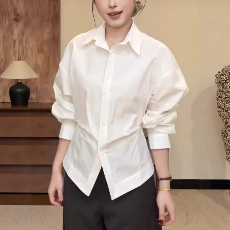 Womens Cotton Wrinkle Detail Relaxed Fit Shirt With Pointed Collar Loose Long Sleeve Top 2026
