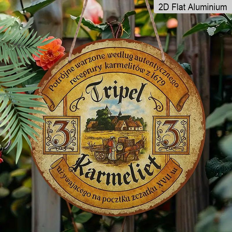 2D Flat, 1pc Vintage Polish Tripel Karmelit Beer Sign - Round Aluminum Metal Wall Art Plaque with Polish Text and Beer Brand, Rustic Farmhouse Decor