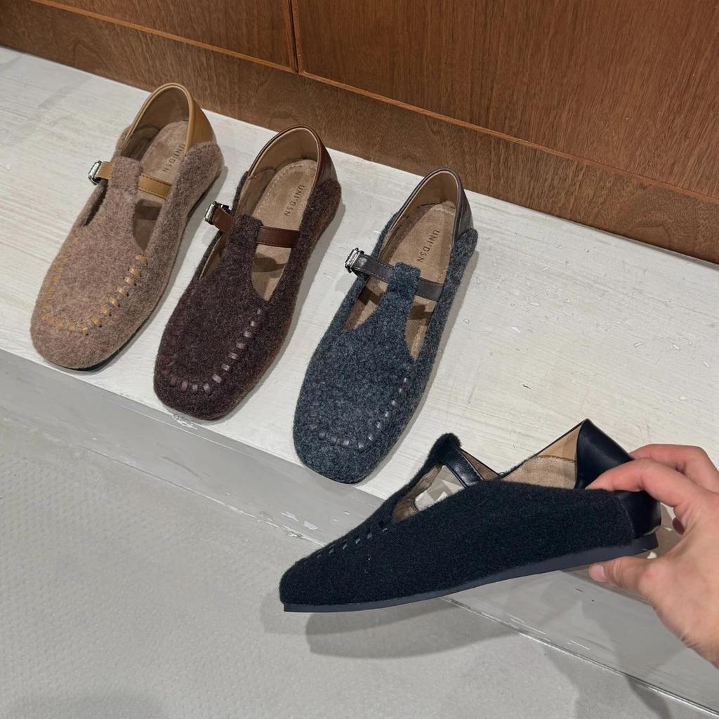 Inner Height Increase of 3cm~ Square Head Mary Jane Shoes for Women's 2025 Early Autumn New Korean Version Woolen Material One-word Ballet Shoes