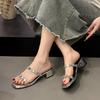 Summer sandals women's thick heels high heels rhinestone outer wear open toes new word belt 2025 with skirt sandals