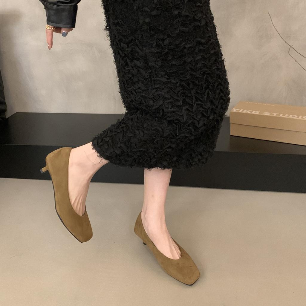 French kitten heel square head shallow mouth single shoes women's shoes spring and autumn 2025 new suede thin heel versatile evening shoes