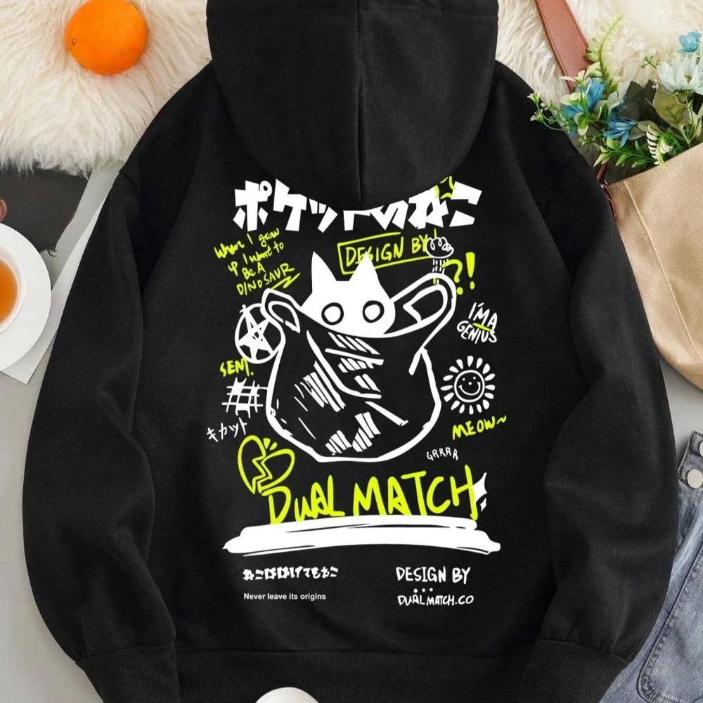 Cross-border e-commerce unisex printed hoodie with black cat and letter pattern hoodie casual and comfortable long sleeved