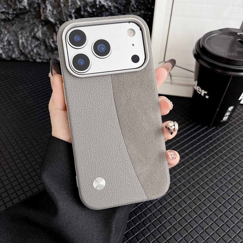 Leather Texture and Plain Leather Splicing Lens Heightening Protective Case for iPhone17 Pro Max 17 Pro 17 Air 16 15 14 13 Cover