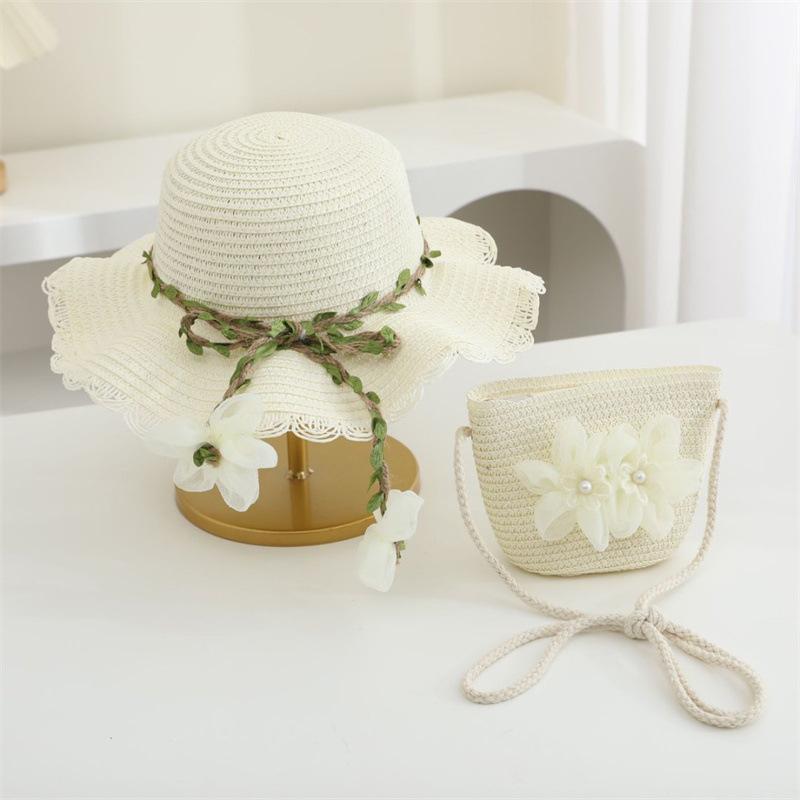 Straw Hat 2pcs Suit Cute and Shoulder Bag Girls Cartoon Bear Children Sun Hat Bag Set Spring Beach Hats For BoyGirl Kid Brim Cap