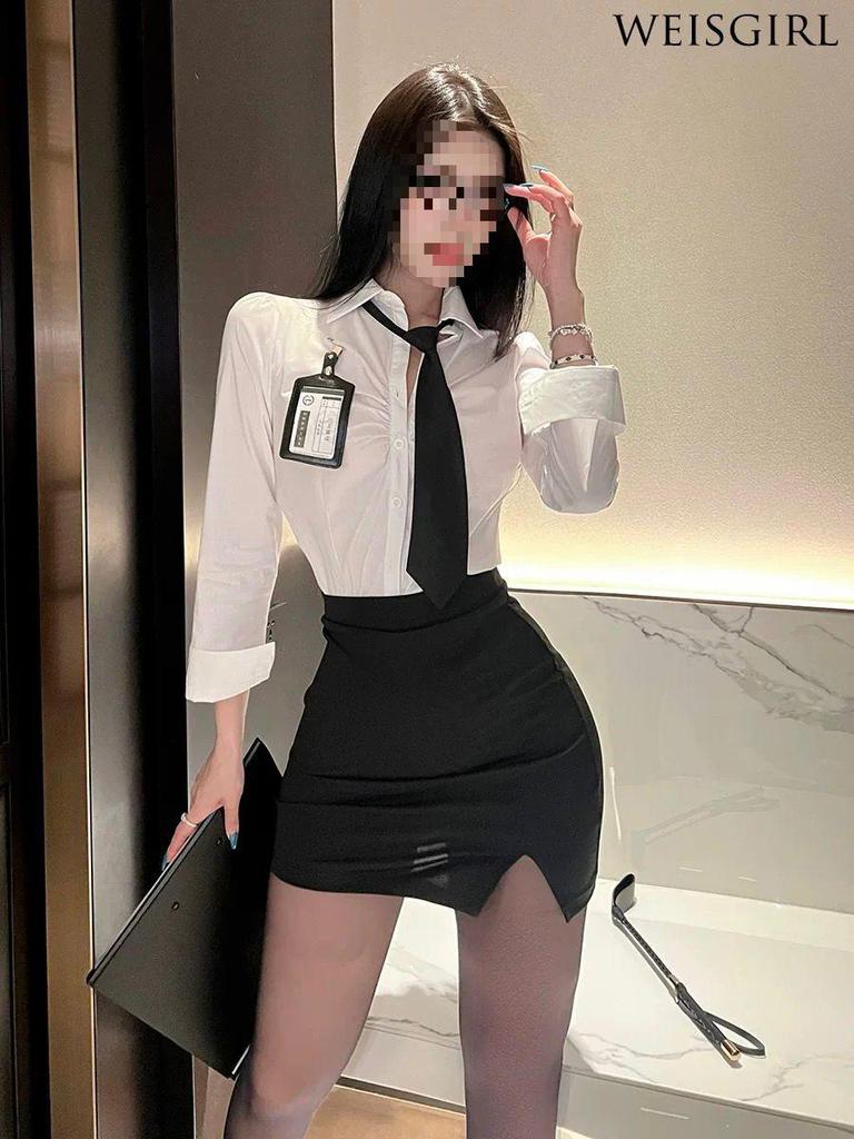 Sleek Autumn Professional Set: Long Sleeve White Shirt & Bodycon Skirt