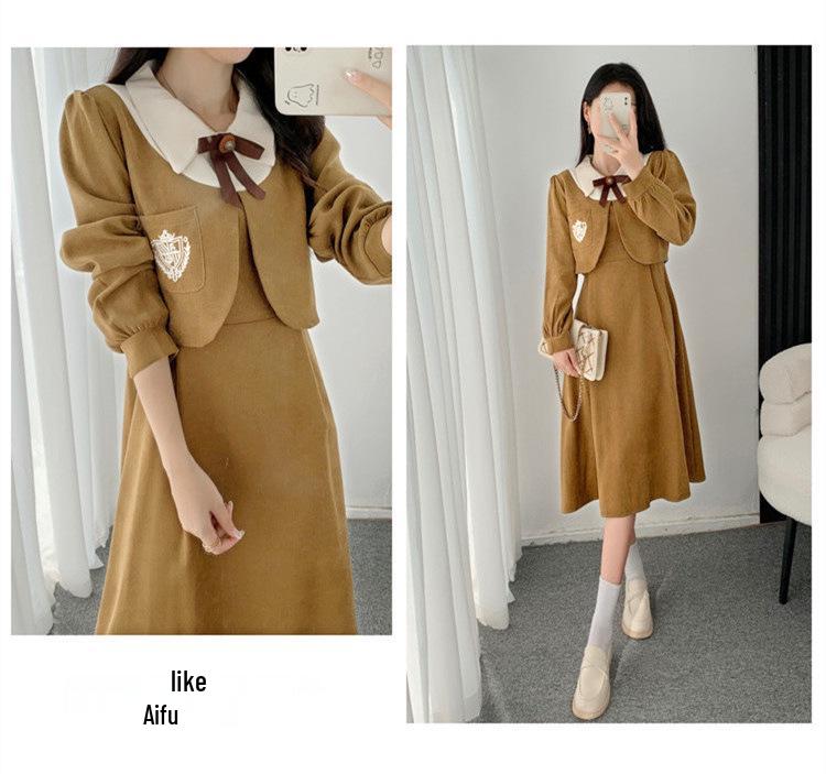 Butterfly Brooch Corduroy Dress: Women's Faux Two-Piece A-Line in French Academy Style for Autumn/Winter