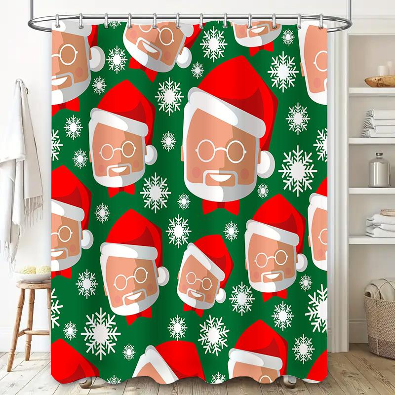 Festive Christmas Bath Curtain with Santa Claus PatternWaterproof Fabric for Bathtub Decor Green Snowflakes White Flowers Print