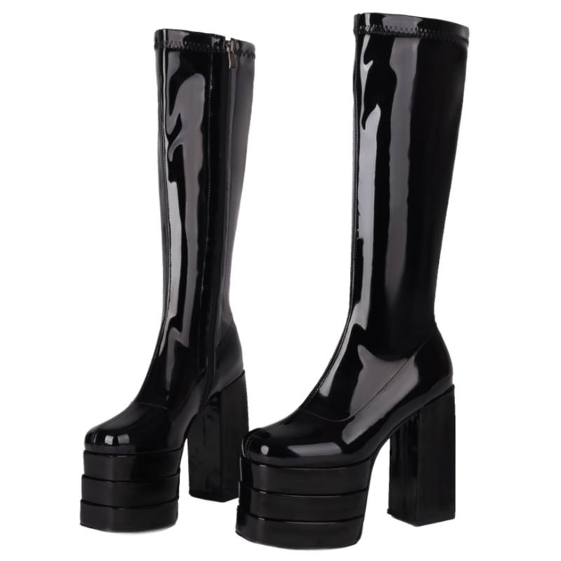 Schwarze Kniehohe Stiefel Damen Plateau Sexy Gothic Punk Absätze Damen Winter Oberschenkelhohe Stiefel Fetisch Partyschuhe Damen Große Größe