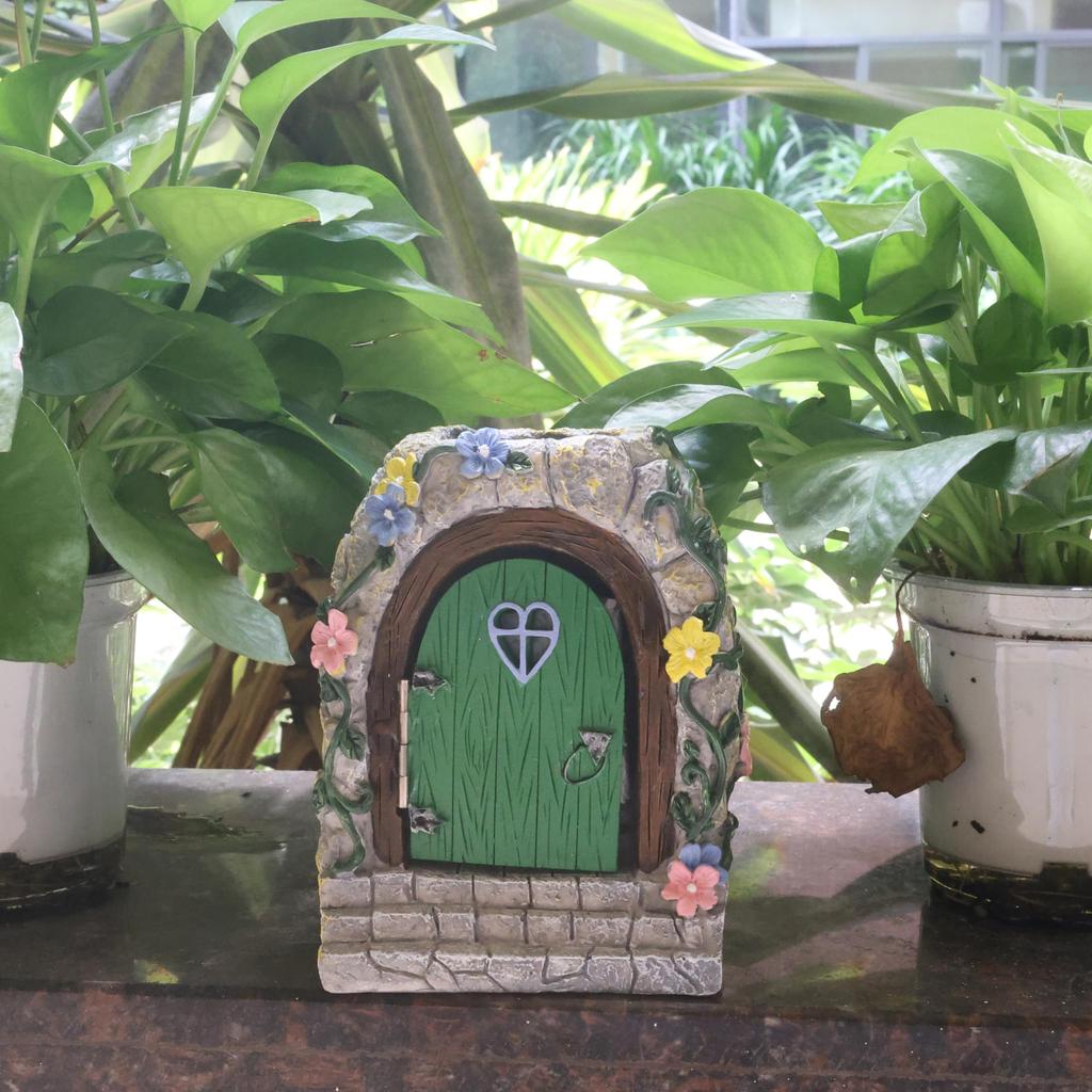 Solarbetriebenes Feentor, Miniaturmodell für den Garten mit Stufen und offenen Türen, Kunstharz für Wände, Bäume, Heim- und Außendekoration