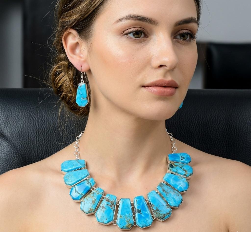 Bohemian Blue Turquoise Statement Necklace and Earrings Set Handmade Silver Plated Jewelry Set for Women Ethnic Tribal Style Jewelry