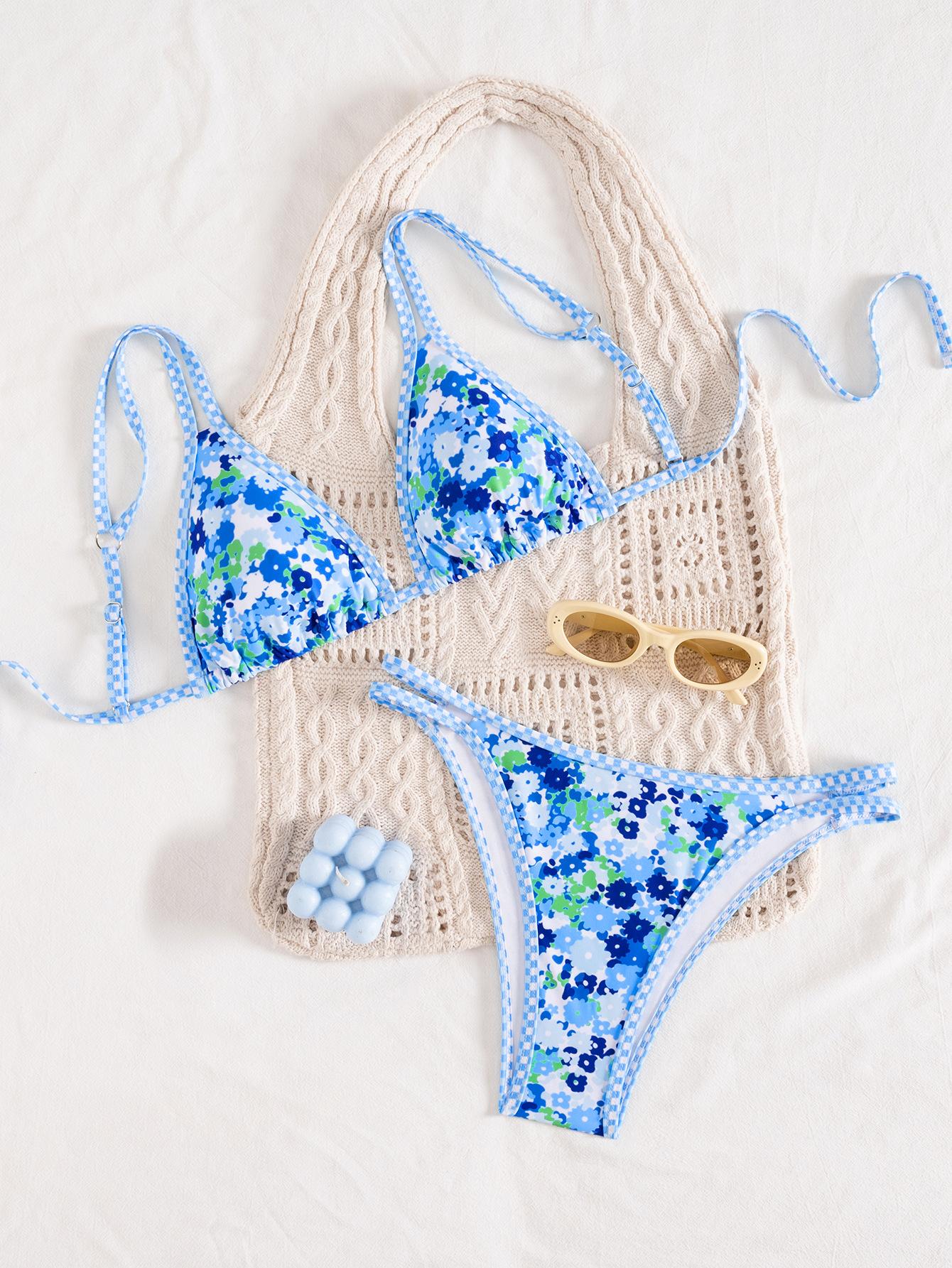 

Summer Women s Swimsuit Printed Hammer Neck High Waist Drawstring Split Swimsuit Bikini Set Beachwear Bathing Suits L