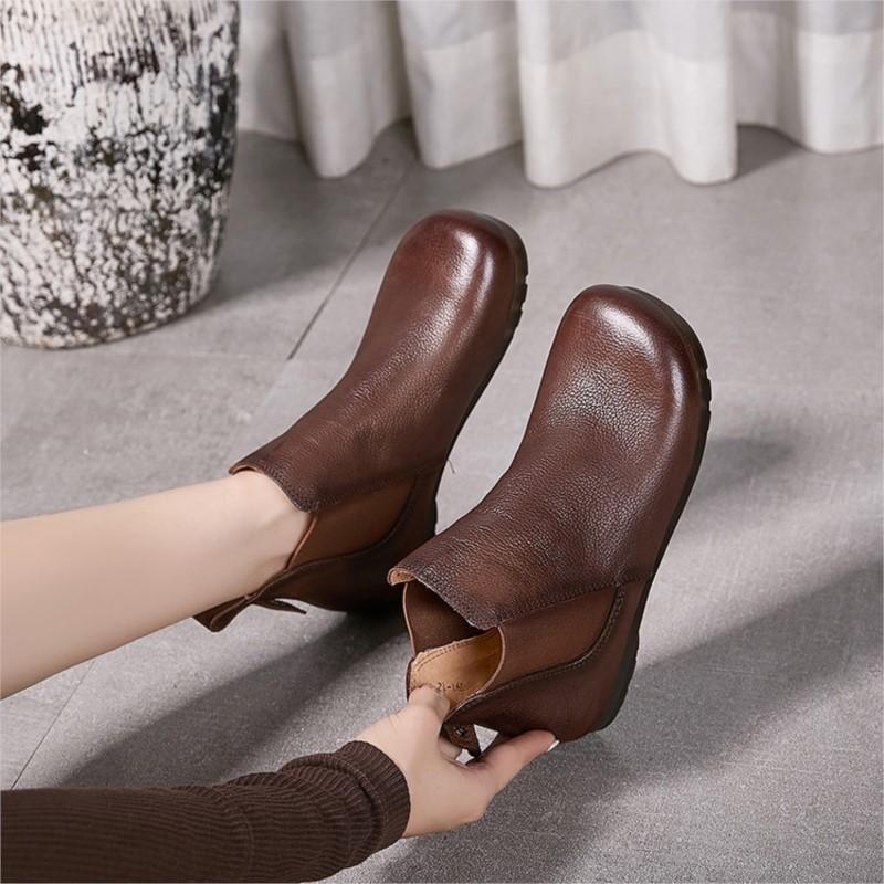 Johnature Solid Color Genuine Leather Flat Ankle Boots Round Toe Soft Soled Slip-on Women's Shoes