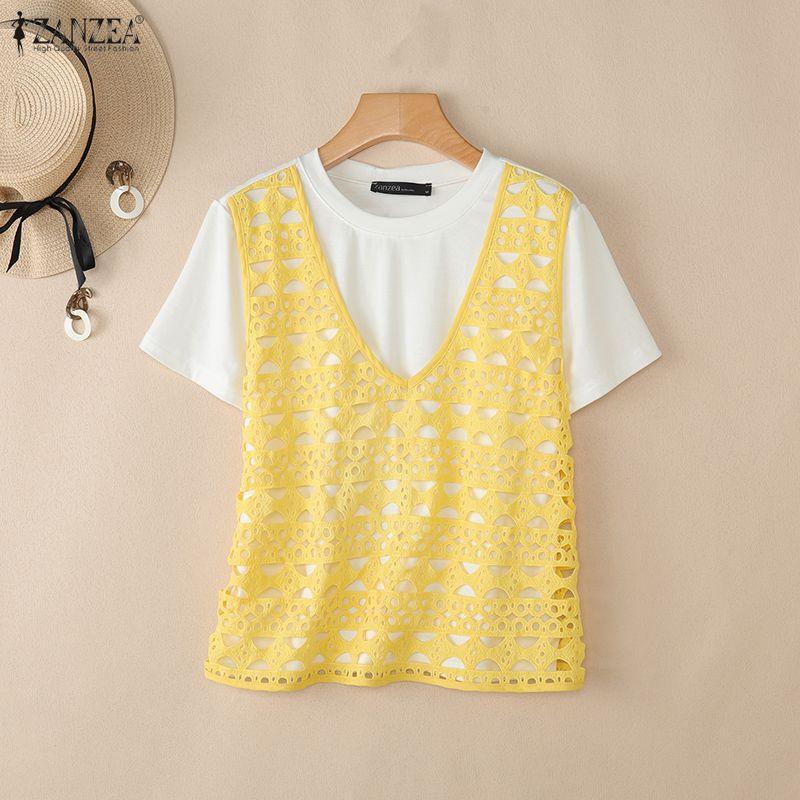 ZANZEA Women Casual Round Neck Mesh Patchwork Loose Short Sleeve T-Shirts