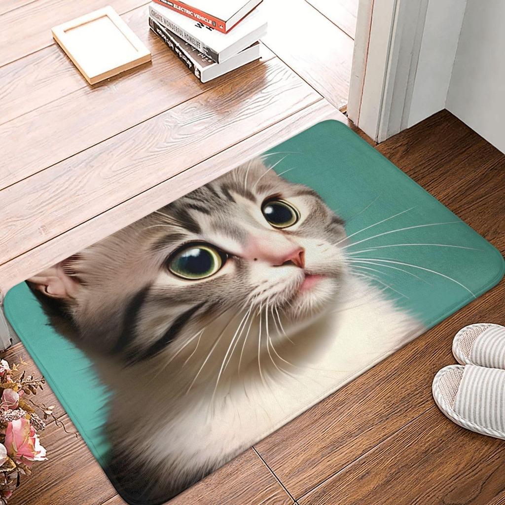 Black White Cat Door Mat Cute Kitten Face Pattern Entrance Rug Soft Non-Slip Animal Print Welcome Mat for Pet Lovers Home Decor