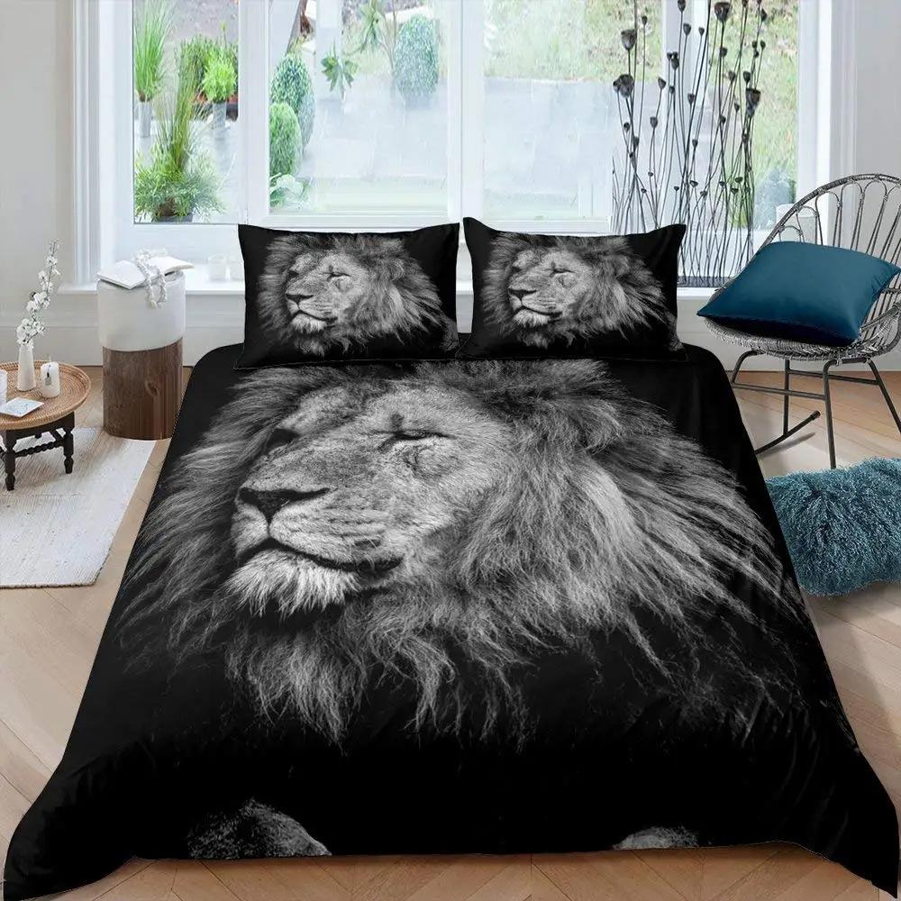Lion Print Duvet Set Full Size Animal Flower Quilt Cover Natural Theme Bedding Three-Piece Set
