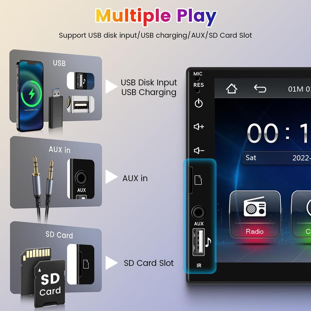 Hodozzy 1 DIN Bil Auto LCD Enkel DIN Bluetooth Bilspeil FM Lading Ryggekamera Lyd, Trådløs, CarPlay/Android-kompatibel, 7-tommers berøringsskjerm,