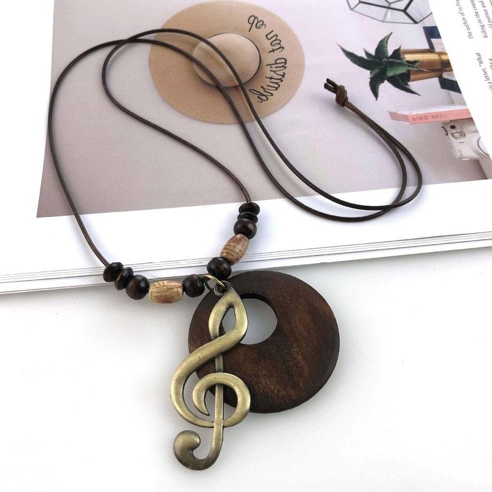 Leather Chain Wooden Pendant Necklace Boho Sweater Necklace Vintage Sweater Chain  Gifts
