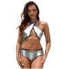 Women Sexy Triangle Oversize Split Bikini Suit Set Tie Side G-String Thong Swimsuit Halter Chain Bright Silver