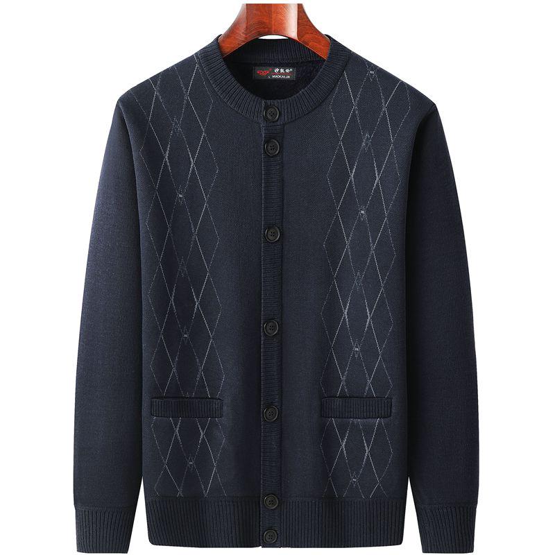 Men's Autumn-Winter Knit Cardigan: Thickened Velvet Sweater for Middle-aged and Elderly Dads and Grandpas.