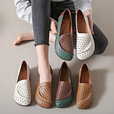 Frühling und Sommer Retro Mama Einzelne Schuhe Damen Weiche Sohle Atmungsaktiv Sojabohnen Schuhe Damen Flache Mund Aushöhlung Schuhe Damen Modeschuhe
