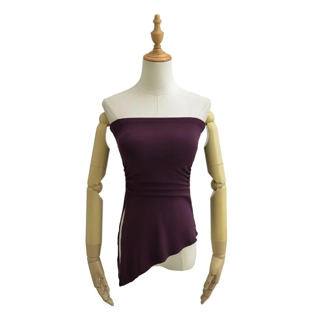 Irregular Slit Padded Bandeau Summer Top with Ruched Waist