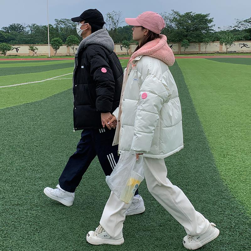 Fashionable and Warm Hooded Patchwork Faux Two- Piece Lamb Wool Cotton Coat for Women