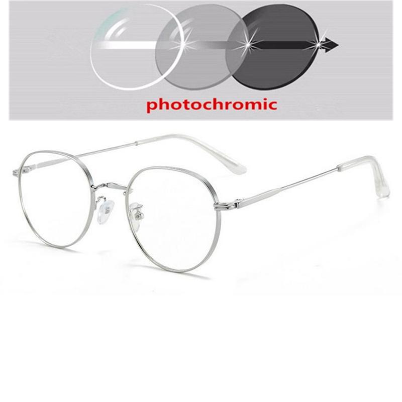 Metal Anti Blue Light Polygon Myopia Glasses Finished Women Men Photochromic Gray Prescription Eyeglasses 0 -50 -75 -100 To -400