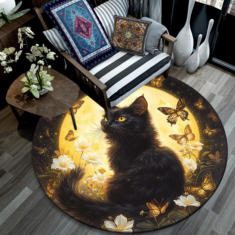 Black Cat Round Area Rug,Carpet Rug for Living Room Bedroom Sofa Playroom Decor,Non-slip Floor Mat