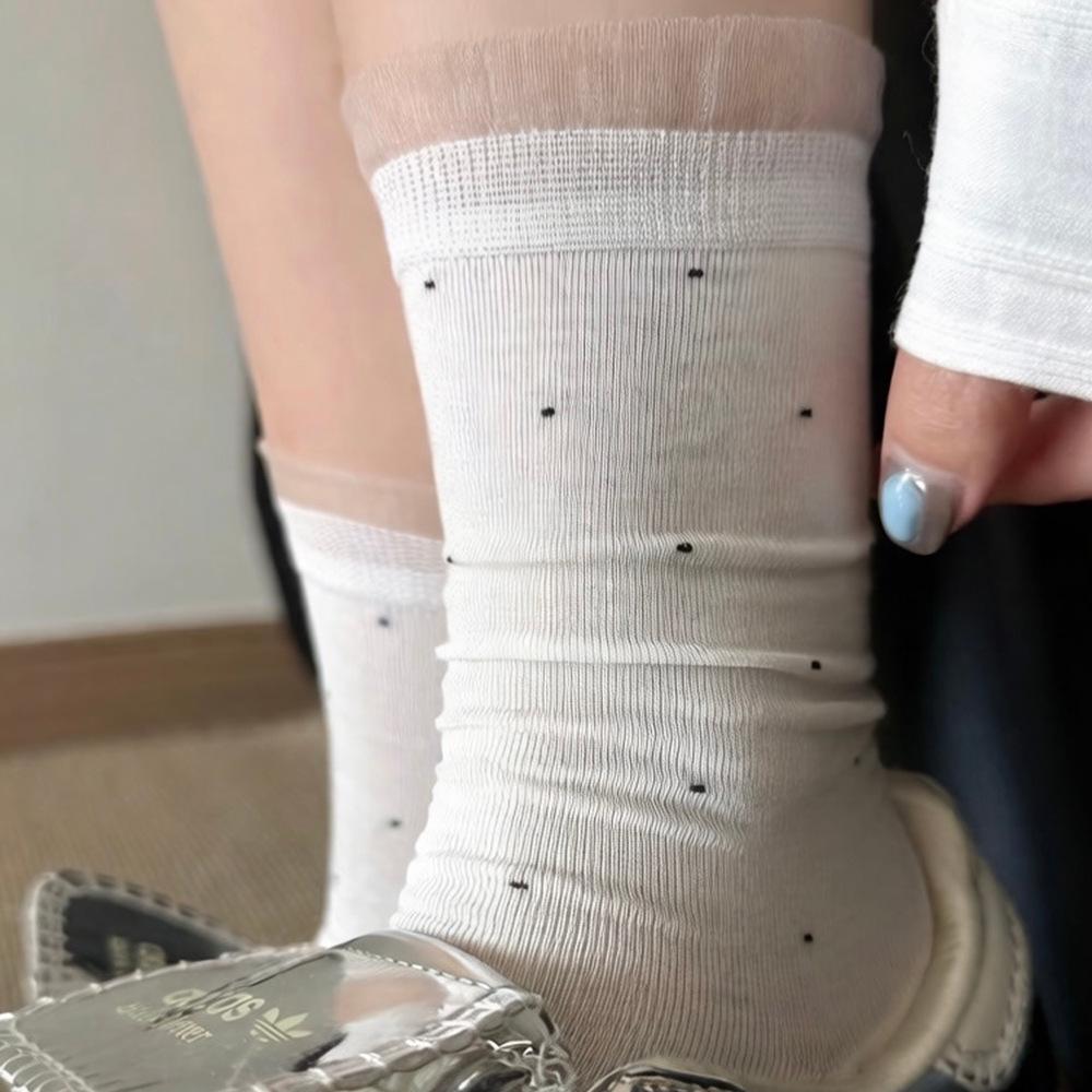 Miu Style Women’s Polka Dot Lace Trim Mid-Calf Slouch Socks - Thin, Breathable, Trendy, Seamless Cotton for Spring/Summer.