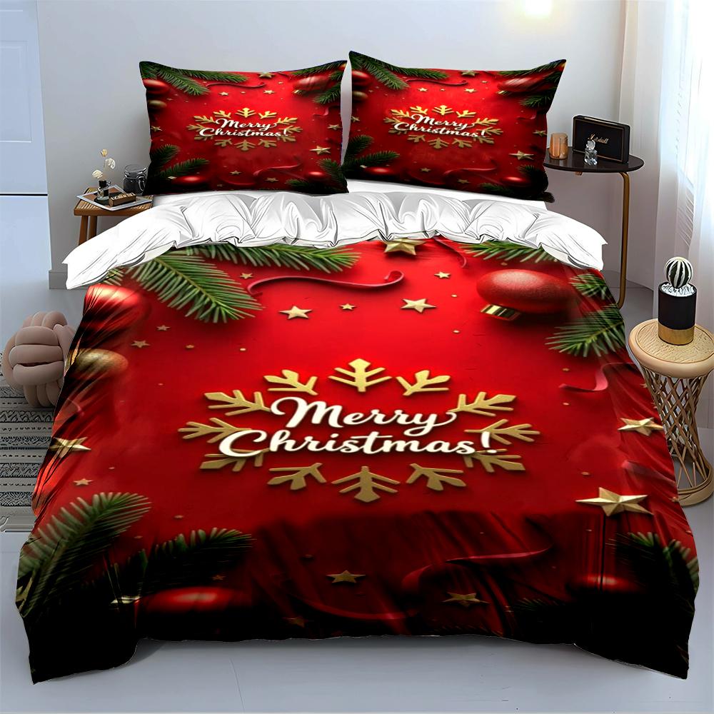 Gold Merry Christmas Festive Decor Bedding Set (1 Duvet Cover, 2 Pillowcases, Duvet Not Included)