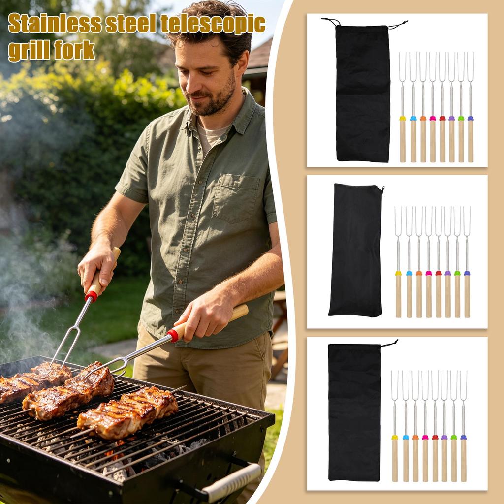 Stainless Steel Telescopic Barbecue Forks Set with Wooden Handles U Shaped Skewers for Outdoor Grilling Roasting Marshmallows Hot Dogs Camping BBQ