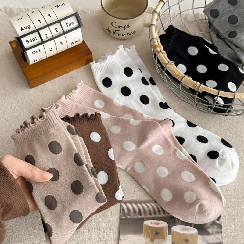 Polka Dot Socks, Women's Mid-calf Socks, Black Fungus Edge Pile Socks, Cotton Lace Long Calf Socks for Autumn and Winter, Women