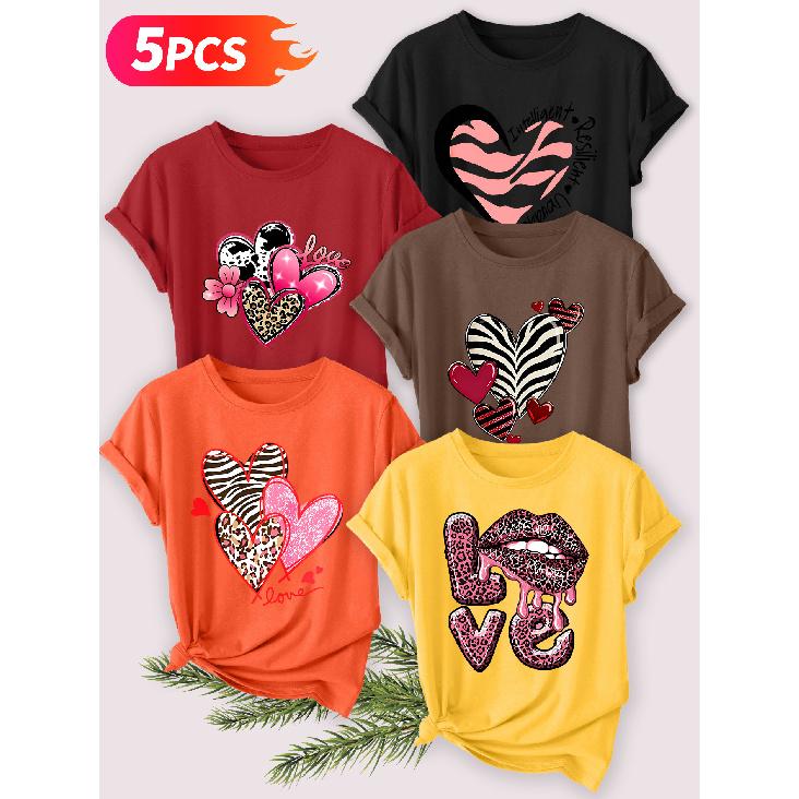 Five-piece set Elegant short-sleeved shirt for women Leopard print heart print round neck women's casual sportswear T Shirt Suitable for spring and