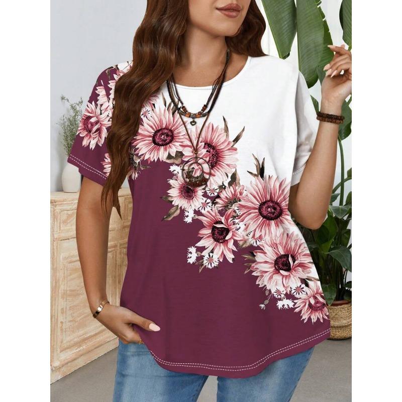 

Плюс Размер Женская Летняя Мода Новый Круглый Вырез Печати Свободный Топ 5XL бордовый