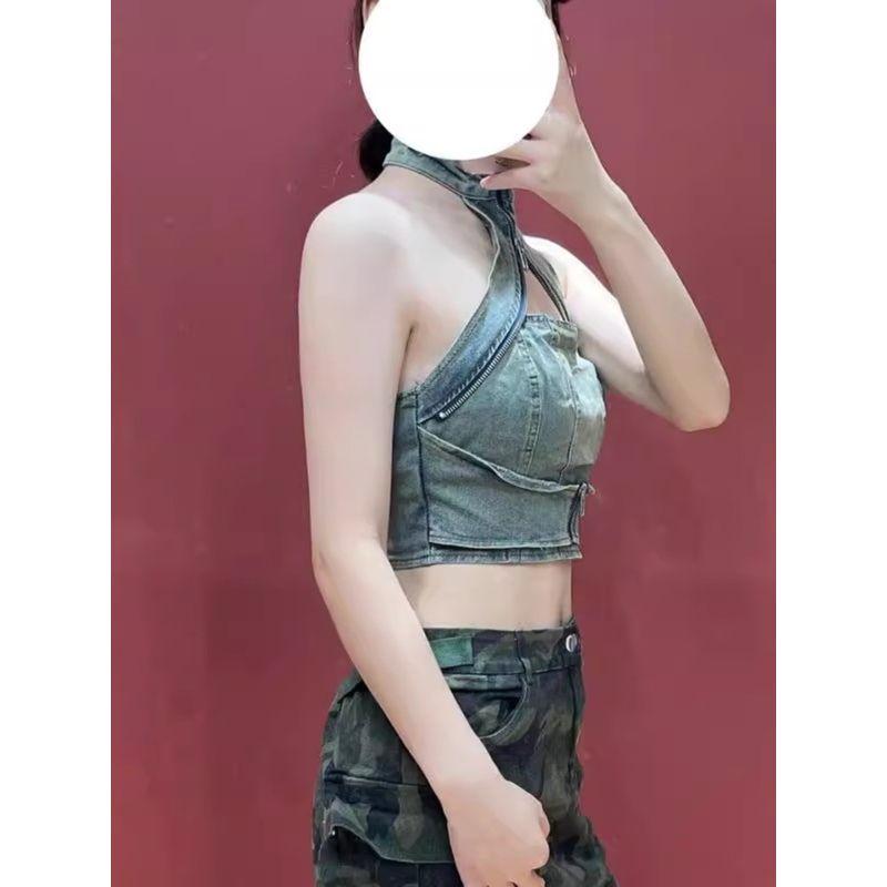 Fall 2024 New Arrival American Sexy Denim Tube Top Vest Female Stylish Cut Out Zipper Halterneck Short Tops