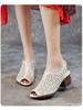 Johnature Damskie buty z prawdziwej skóry Retro peep toe ażurowe oddychające sandały na grubym obcasie