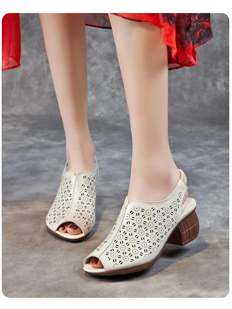 Johnature Echtleder Damen Schuhe Retro Peep Toe Ausgeschnitten Atmungsaktiv Dicke Absatz Sandalen