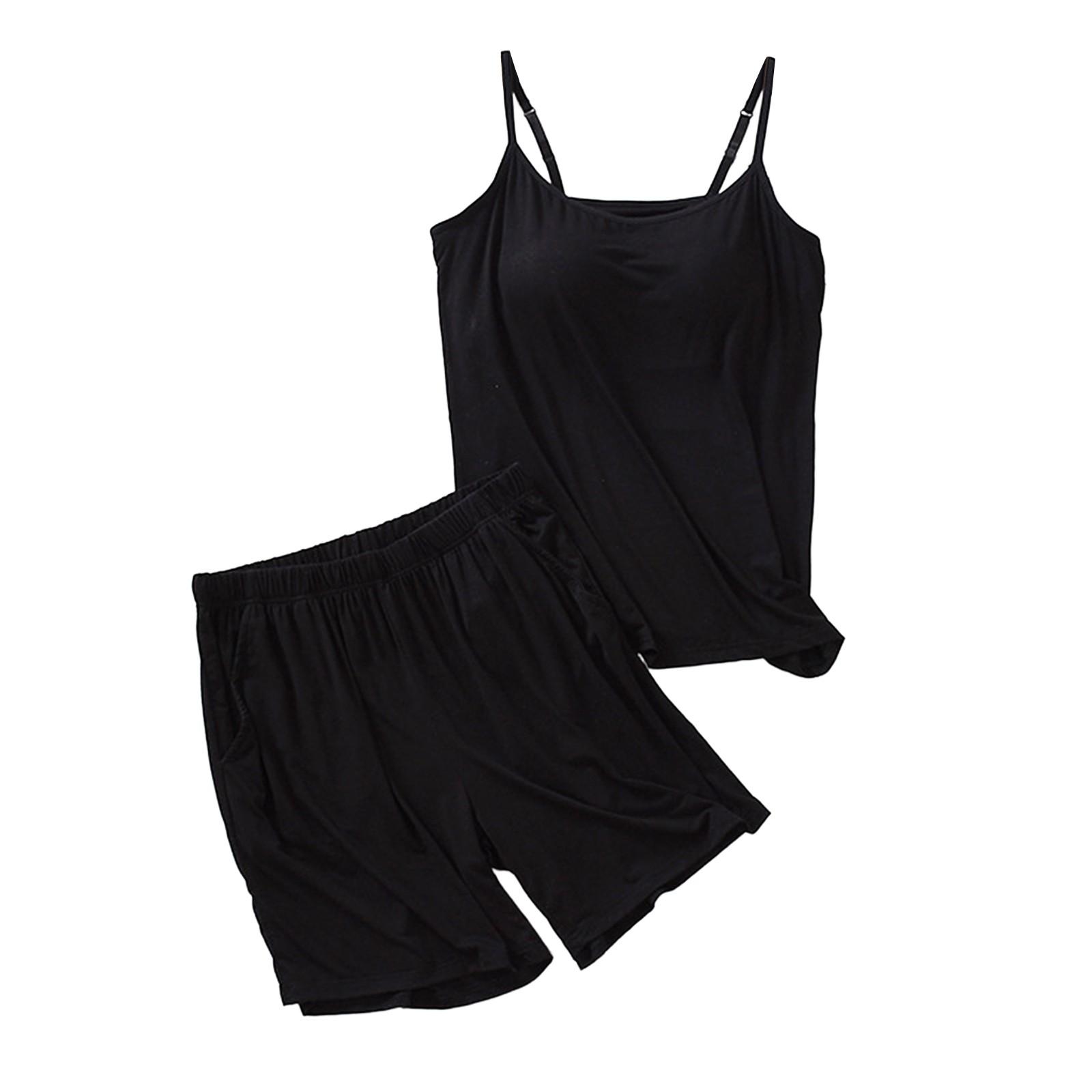 

Жіночий піжамний комплект з нагрудною подушечкою, суцільний колір, безрукавка, короткі штани з розділенням, два шматки L чорний