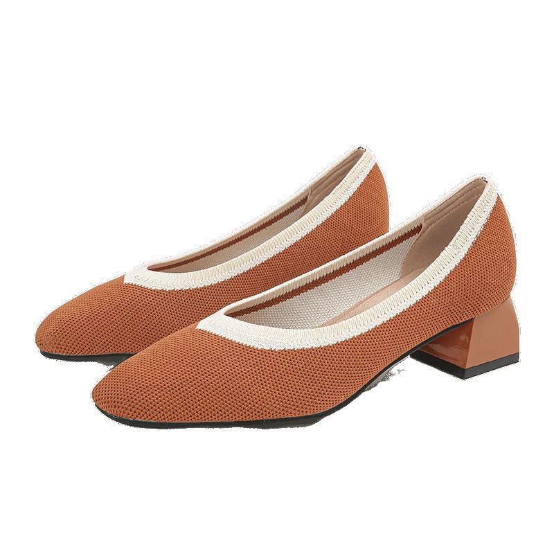 Strength Fashion Versatile Flying Knitting Comfortable Coarse Heel Pointed Small Square Head Knitted Women's Shoes