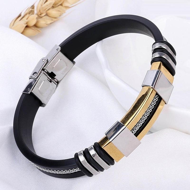 Bracciale rigido da uomo con chiusura a polsino in gomma punk nera in acciaio inossidabile