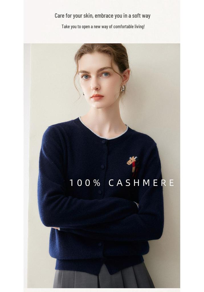 Lekasha Women's 100% Pure Cashmere Round Neck Cardigan with Embroidered Little Horse and Color Block Design