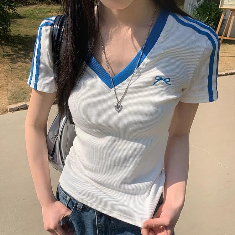 Harajuku Short Sleeve Fashion Pullover Y2k Tops Women's Cotton T Shirt Summer V-Neck Slim Casual T-Shirts for Women