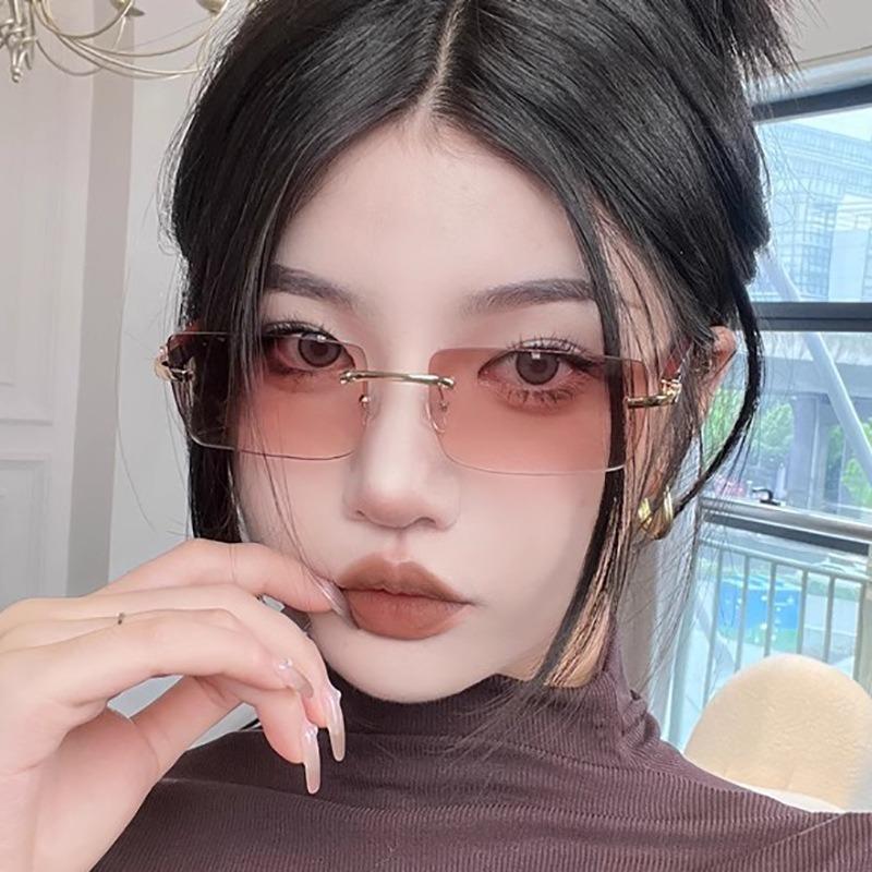Rimless Rectangle Sunglasses For Women Fashion Vintage Trendy Small Frame Sun Glasses Frameless Eyewear Uv400