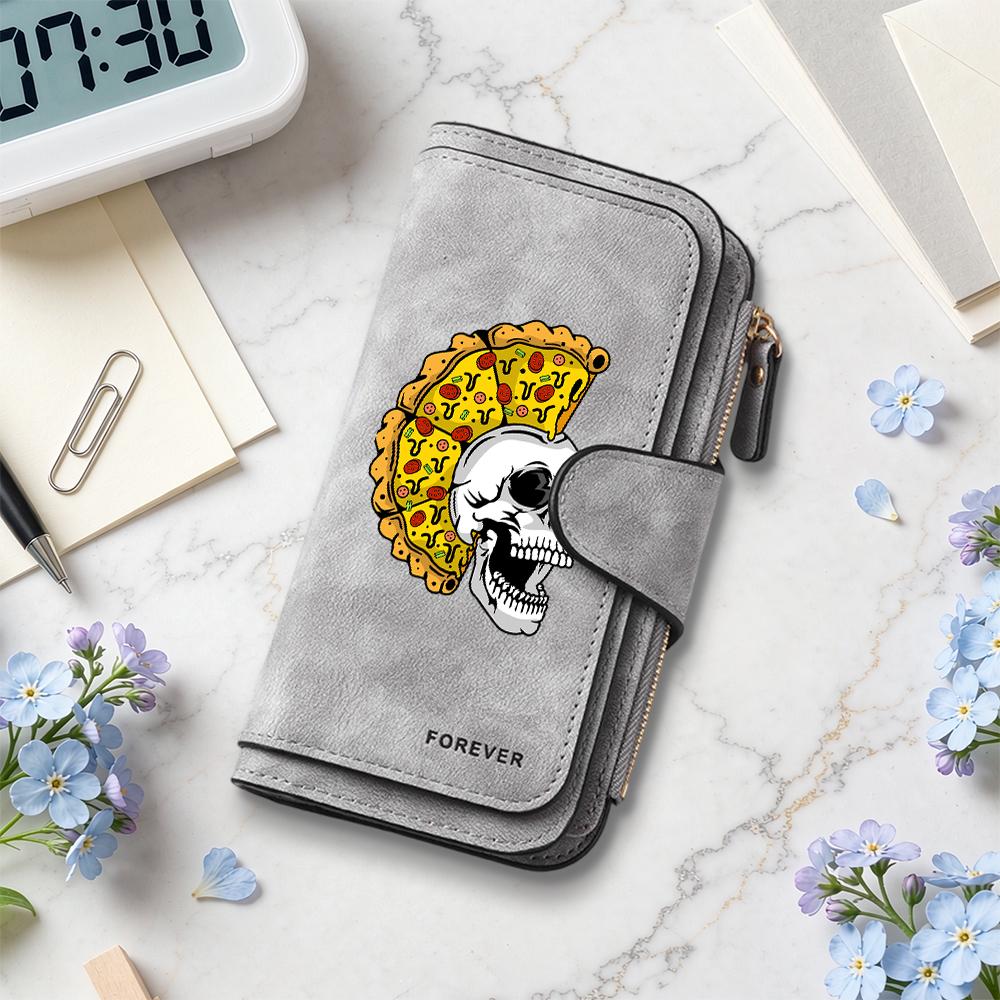 Skull Pizza Pattern Long Wallet Fashion Casual Portable Multi Card Slot Daily Purse